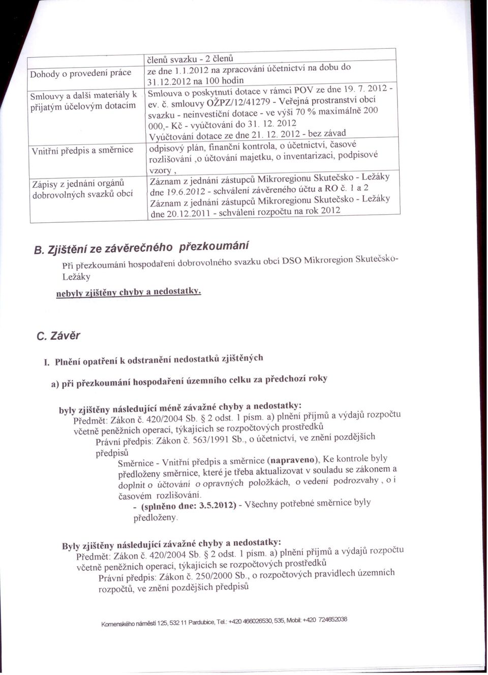 smlouvy OŽPZ/12/41279 - Veřejná prostranství obcí svazku - neinvestiční dotace - ve výši 70 % maximálně 200 000,- Kč - vyúčtování do 31. 12.