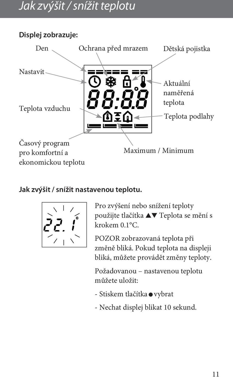 Pro zvýšení nebo snížení teploty použijte tlačítka Teplota se mění s krokem 0.1 C. POZOR zobrazovaná teplota při změně bliká.