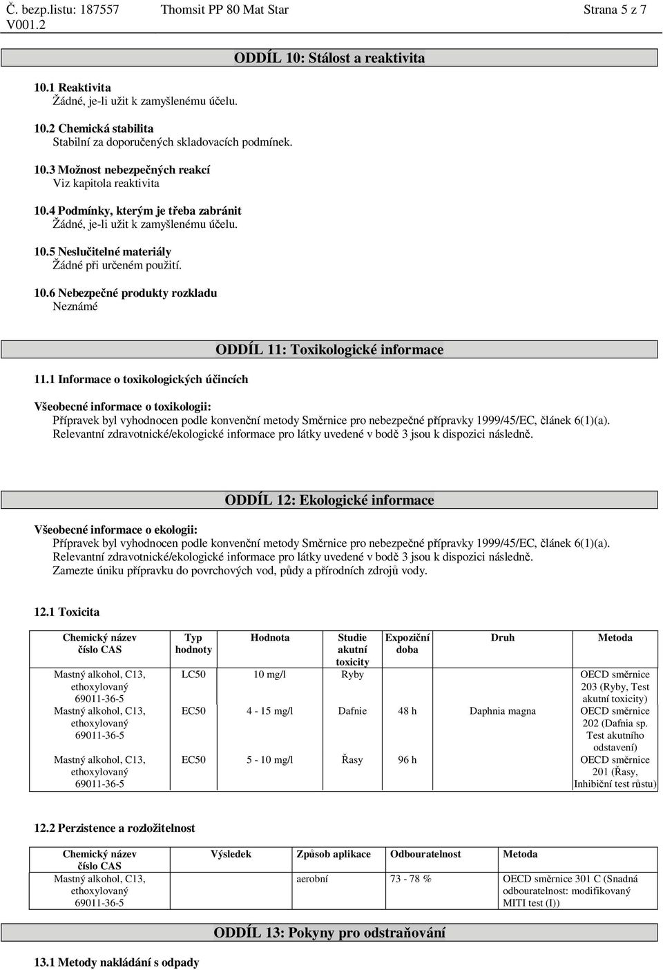 1 Informace o toxikologických ú incích ODDÍL 11: Toxikologické informace Všeobecné informace o toxikologii: ípravek byl vyhodnocen podle konven ní metody Sm rnice pro nebezpe né p ípravky 1999/45/EC,