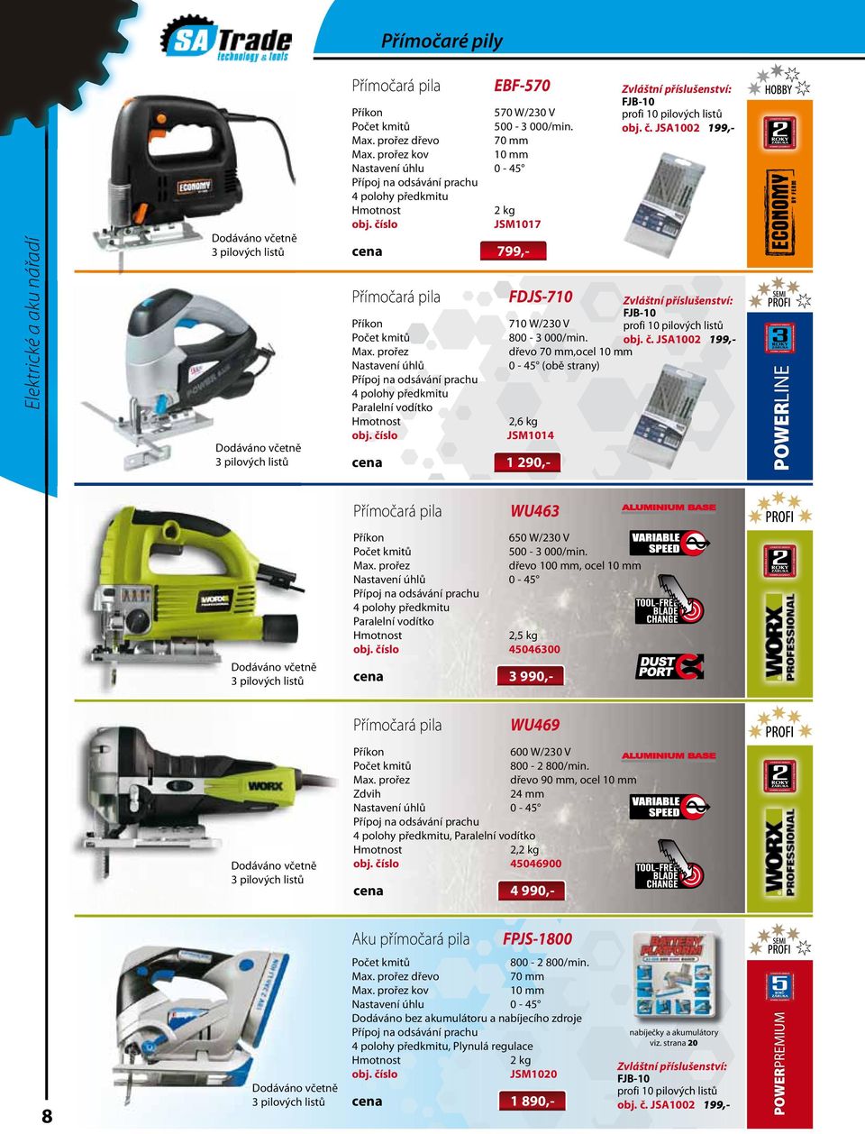 JSA1002 199,- dřevo 70 mm,ocel 10 mm 0-45 (obě strany) 2,6 kg JSM1014 FJB-10 profi 10 pilových listů obj. č. JSA1002 199,- WU463 650 W/230 V 500-3 000/min.