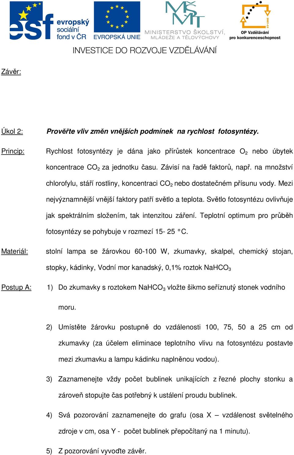 Světlo fotosyntézu ovlivňuje jak spektrálním složením, tak intenzitou záření. Teplotní optimum pro průběh fotosyntézy se pohybuje v rozmezí 15-25 C.