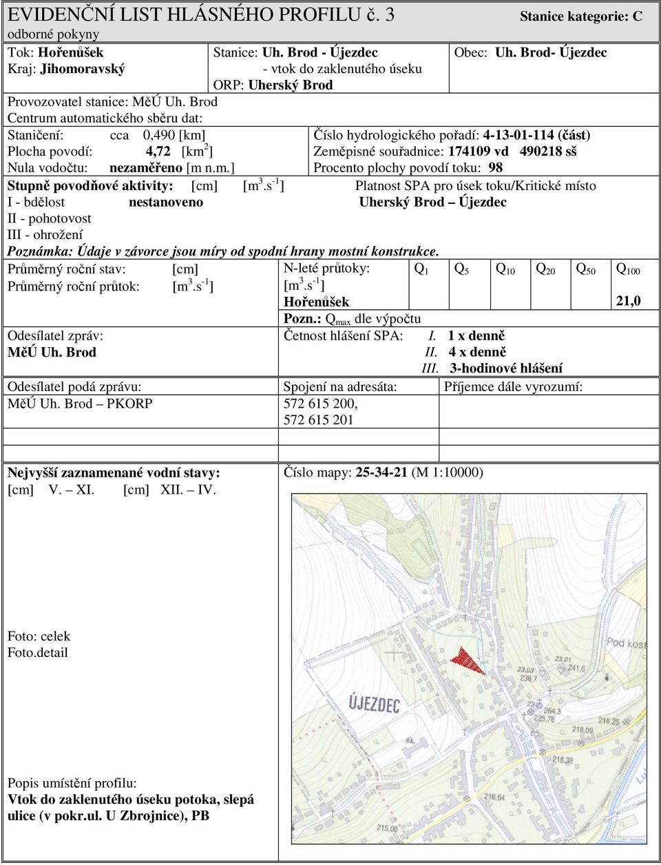 Brod- Újezdec Číslo hydrologického pořadí: 4-13-01-114 (část) Zeměpisné souřadnice: 174109 vd 490218 sš Procento plochy povodí toku: 98 Nula vodočtu: nezaměřeno [m n.m.] Stupně povodňové aktivity: [cm] [m 3.