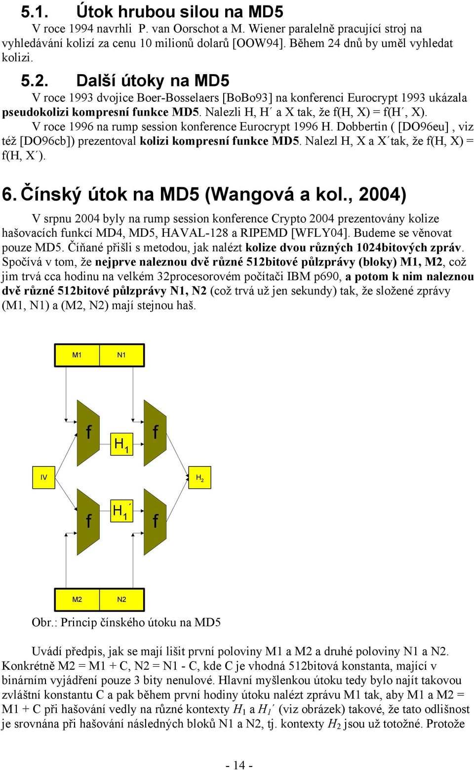 V roce 1996 na rump session konerence Eurocrypt 1996 H. Dobbertin ( [DO96eu], viz též [DO96cb]) prezentoval kolizi kompresní unkce MD5. Nalezl H, X a X tak, že (H, X) = (H, X ). 6.