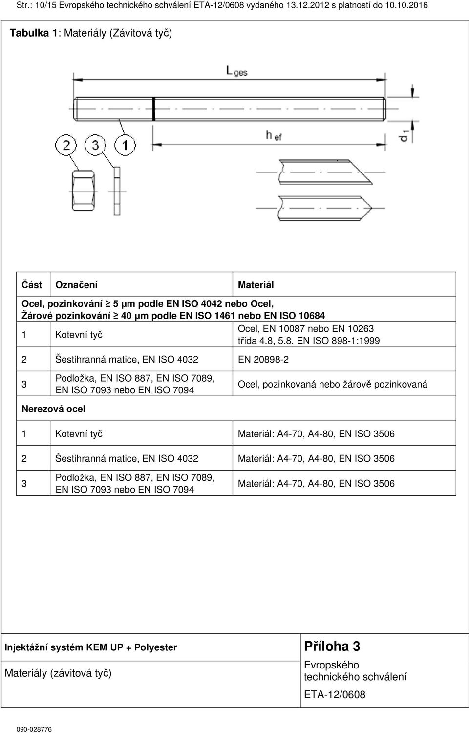 10.2016 Tabulka 1: Materiály (Závitová tyč) Část Označení Materiál Ocel, pozinkování 5 µm podle EN ISO 4042 nebo Ocel, Žárové pozinkování 40 µm podle EN ISO 1461 nebo EN ISO 10684