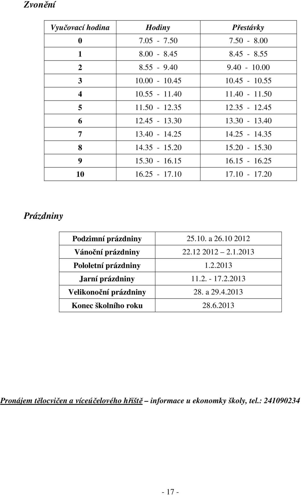 10-17.20 Prázdniny Podzimní prázdniny 25.10. a 26.10 2012 Vánoční prázdniny 22.12 2012 2.1.2013 Pololetní prázdniny 1.2.2013 Jarní prázdniny 11.2. - 17.2.2013 Velikonoční prázdniny 28.