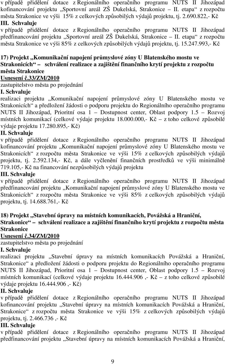 993,- Kč 17) Projekt Komunikační napojení průmyslové zóny U Blatenského mostu ve Strakonicích schválení realizace a zajištění finančního krytí projektu z rozpočtu města Strakonice Usnesení č.