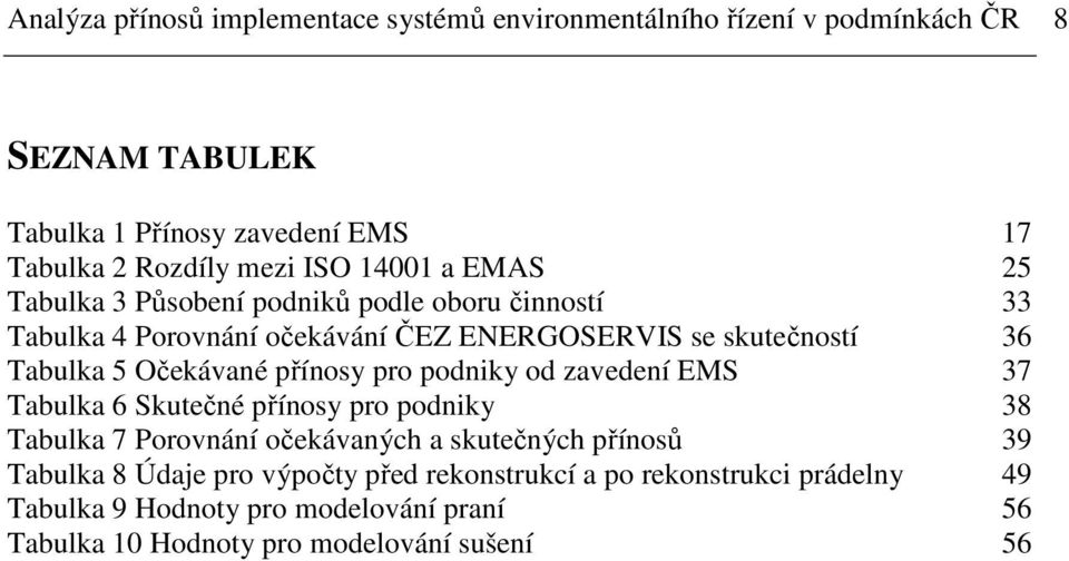 Očekávané přínosy pro podniky od zavedení EMS 37 Tabulka 6 Skutečné přínosy pro podniky 38 Tabulka 7 Porovnání očekávaných a skutečných přínosů 39