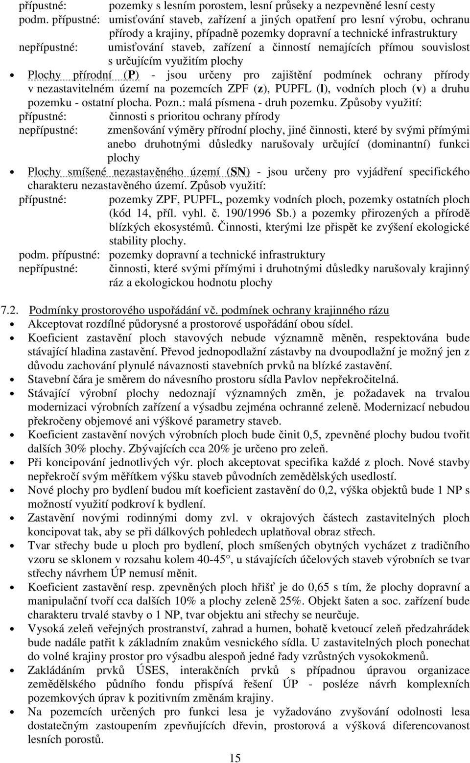 přímou souvislost s určujícím využitím plochy Plochy přírodní (P) - jsou určeny pro zajištění podmínek ochrany přírody v nezastavitelném území na pozemcích ZPF (z), PUPFL (l), vodních ploch (v) a