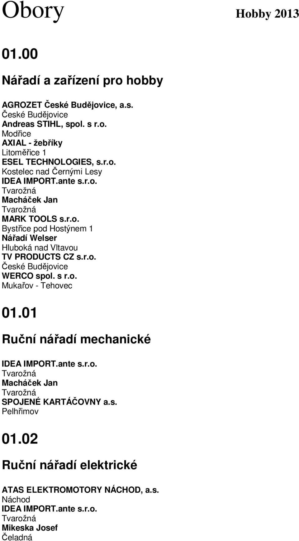 s r.o. Mukařov - Tehovec 01.01 Ruční nářadí mechanické IDEA IMPORT.ante s.r.o. Tvarožná Macháček Jan Tvarožná SPOJENÉ KARTÁČOVNY a.s. Pelhřimov 01.