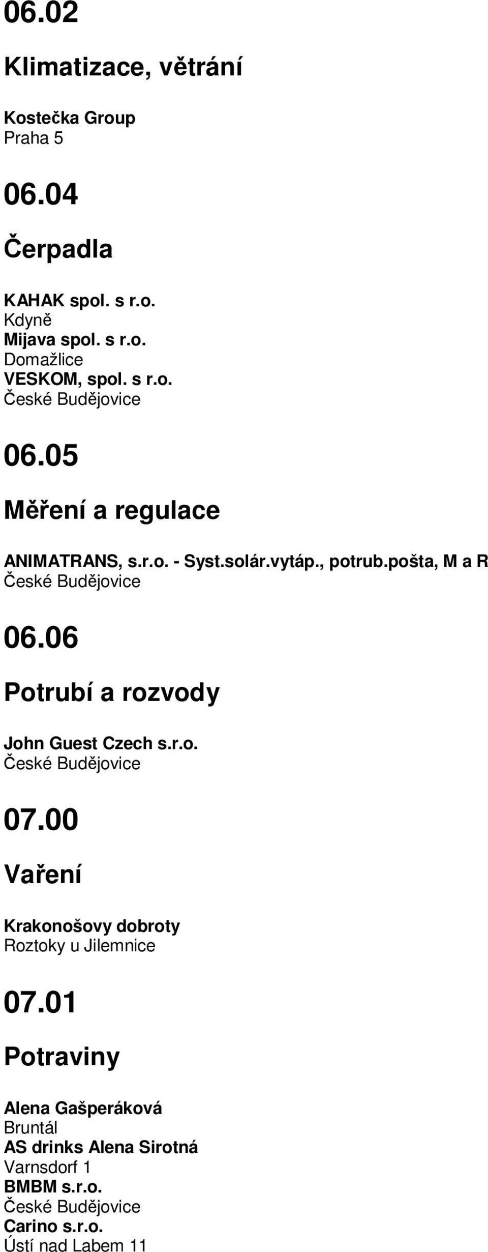 06 Potrubí a rozvody John Guest Czech s.r.o. 07.00 Vaření Krakonošovy dobroty Roztoky u Jilemnice 07.