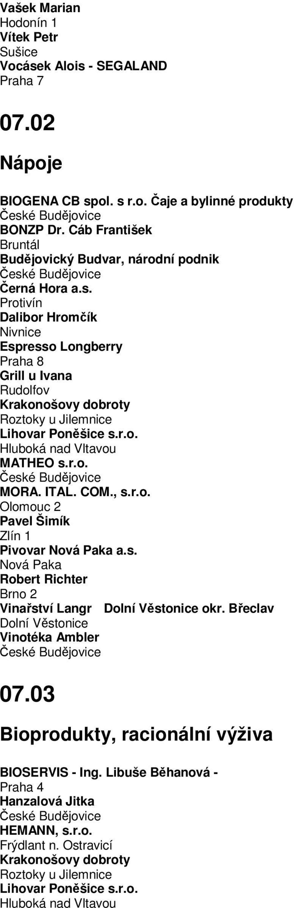 Protivín Dalibor Hromčík Nivnice Espresso Longberry Praha 8 Grill u Ivana Rudolfov Krakonošovy dobroty Roztoky u Jilemnice Lihovar Poněšice s.r.o. Hluboká nad Vltavou MATHEO s.r.o. MORA. ITAL. COM.