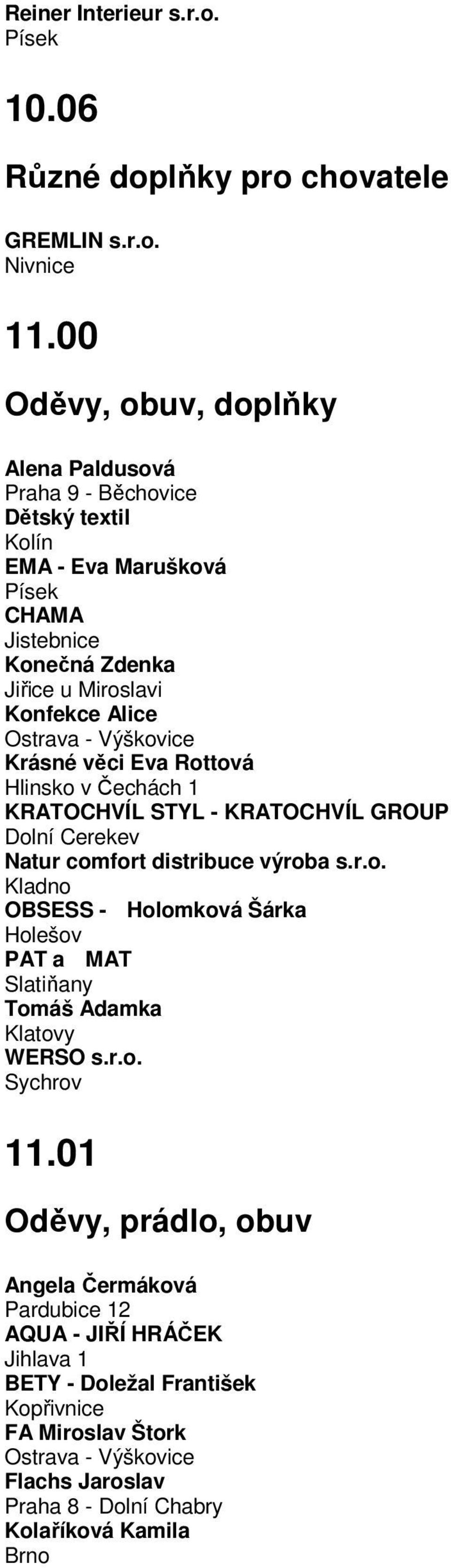 Výškovice Krásné věci Eva Rottová Hlinsko v Čechách 1 KRATOCHVÍL STYL - KRATOCHVÍL GROUP Dolní Cerekev Natur comfort distribuce výroba s.r.o. Kladno OBSESS - Holomková Šárka Holešov PAT a MAT Slatiňany Tomáš Adamka Klatovy WERSO s.