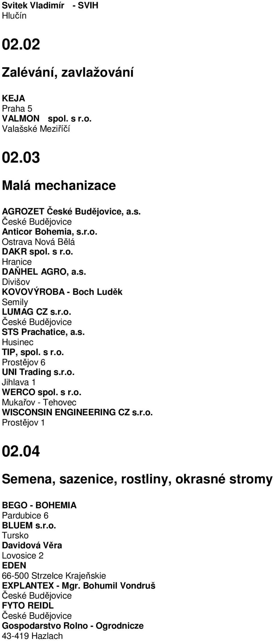 s r.o. Mukařov - Tehovec WISCONSIN ENGINEERING CZ s.r.o. Prostějov 1 02.04 Semena, sazenice, rostliny, okrasné stromy BEGO - BOHEMIA Pardubice 6 BLUEM s.r.o. Tursko Davidová Věra Lovosice 2 EDEN 66-500 Strzelce Krajeňskie EXPLANTEX - Mgr.