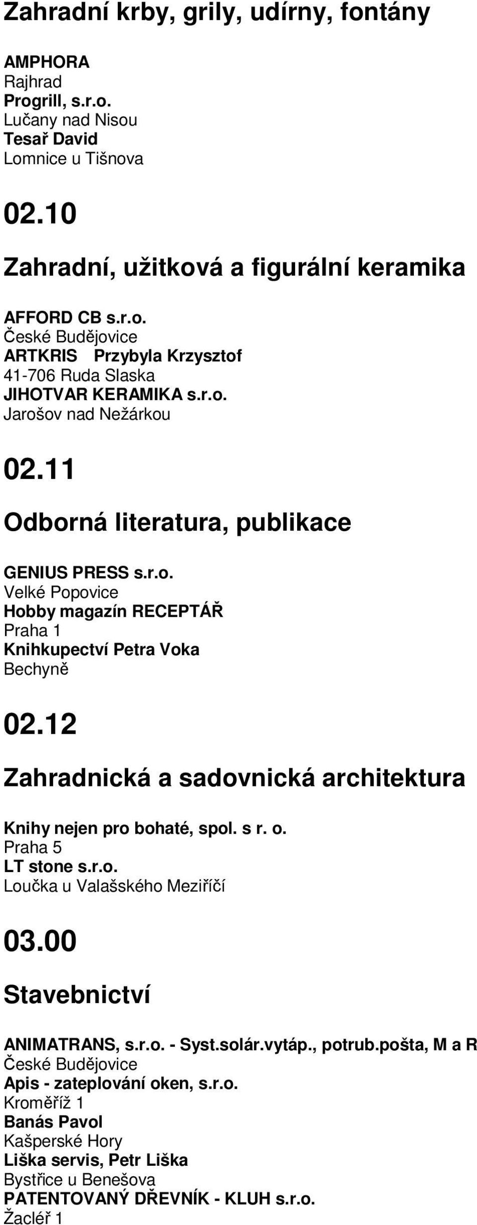 12 Zahradnická a sadovnická architektura Knihy nejen pro bohaté, spol. s r. o. Praha 5 LT stone s.r.o. Loučka u Valašského Meziříčí 03.00 Stavebnictví ANIMATRANS, s.r.o. - Syst.solár.vytáp.