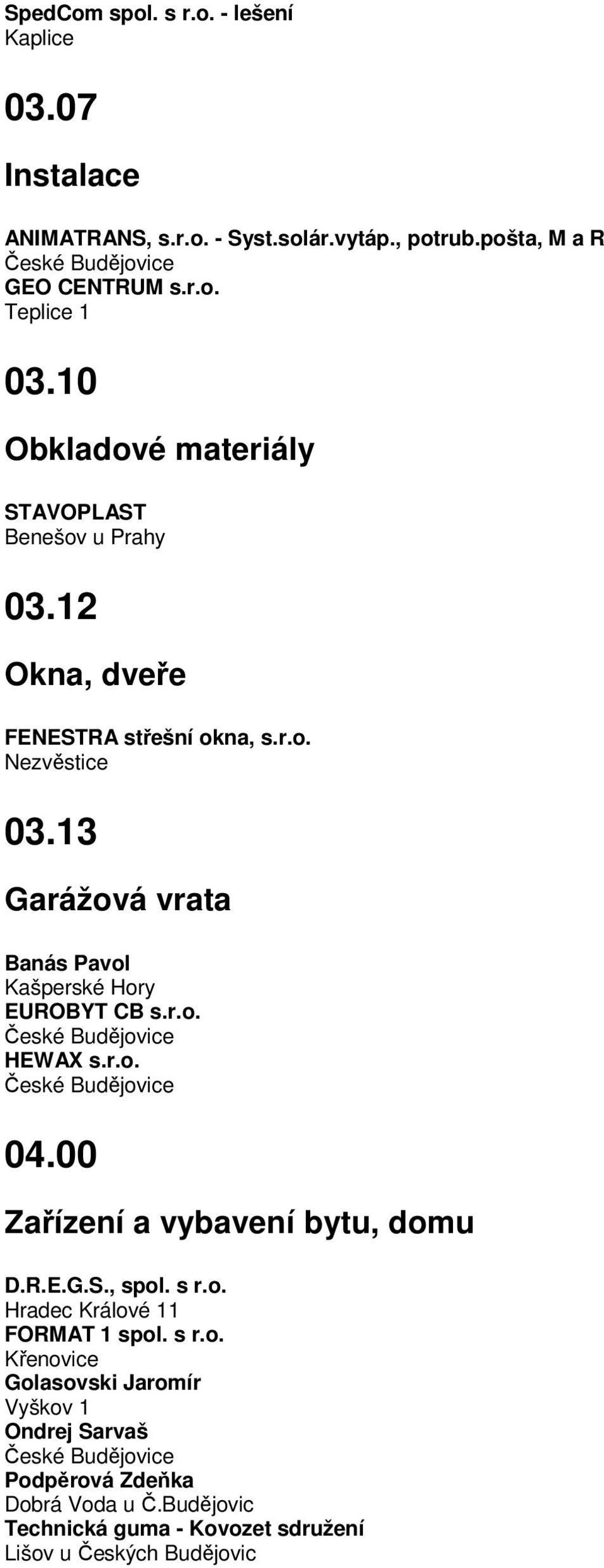 13 Garážová vrata Banás Pavol Kašperské Hory EUROBYT CB s.r.o. HEWAX s.r.o. 04.00 Zařízení a vybavení bytu, domu D.R.E.G.S., spol. s r.o. Hradec Králové 11 FORMAT 1 spol.