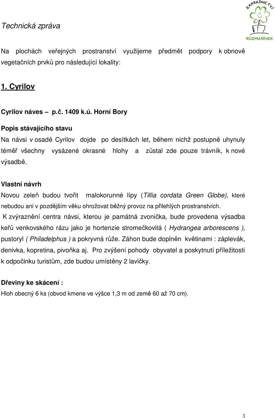 Vlastní návrh Novou zeleň budou tvořit malokorunné lípy (Tillia cordata Green Globe), které nebudou ani v pozdějším věku ohrožovat běžný provoz na přilehlých prostranstvích.