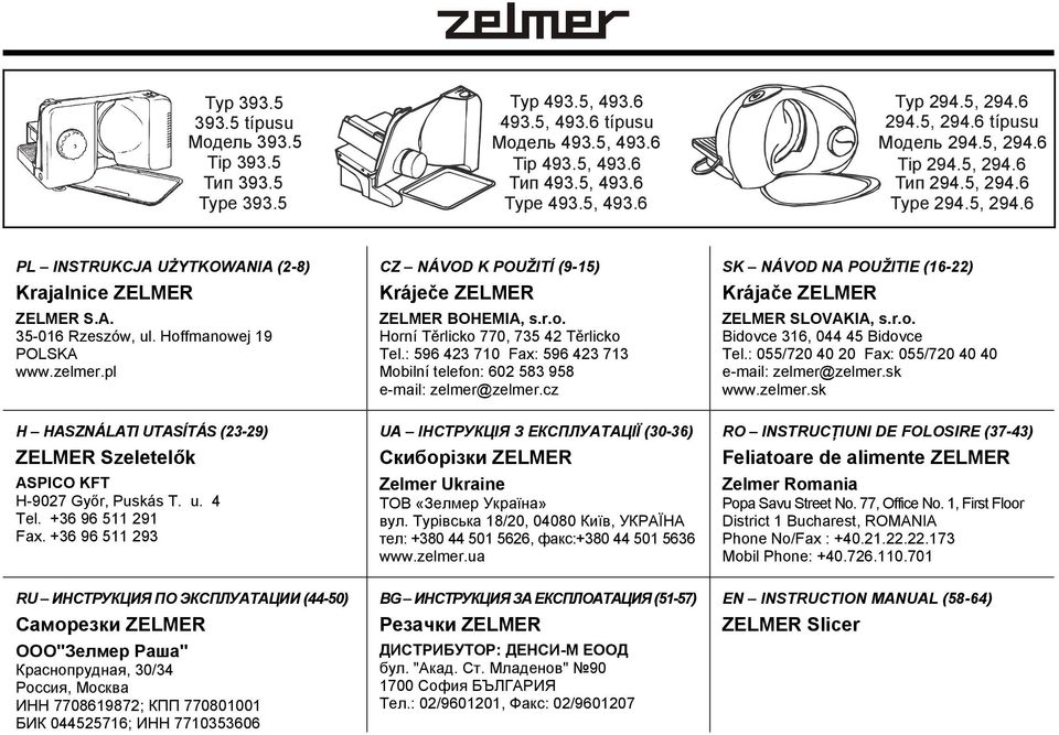 pl H HASZNÁLATI UTASÍTÁS (23-29) ZELMER Szeletelők ASPICO KFT H-9027 Győr, Puskás T. u. 4 Tel. +36 96 511 291 Fax.