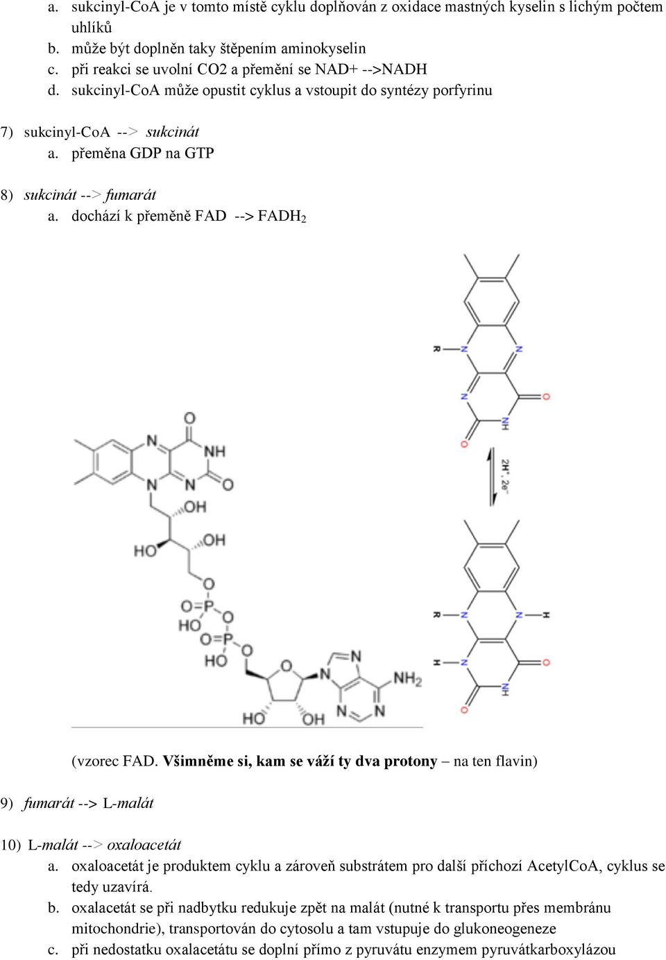 dochází k přeměně FAD --> FADH 2 (vzorec FAD. Všimněme si, kam se váží ty dva protony na ten flavin) 9) fumarát --> L-malát 10) L-malát --> oxaloacetát a.