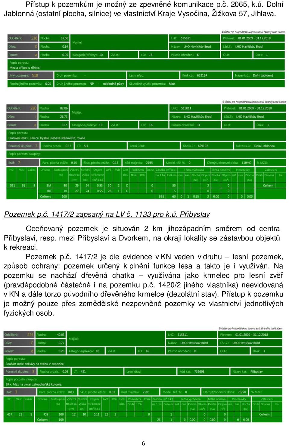 1417/2 je dle evidence v KN veden v druhu lesní pozemek, způsob ochrany: pozemek určený k plnění funkce lesa a takto je i využíván.