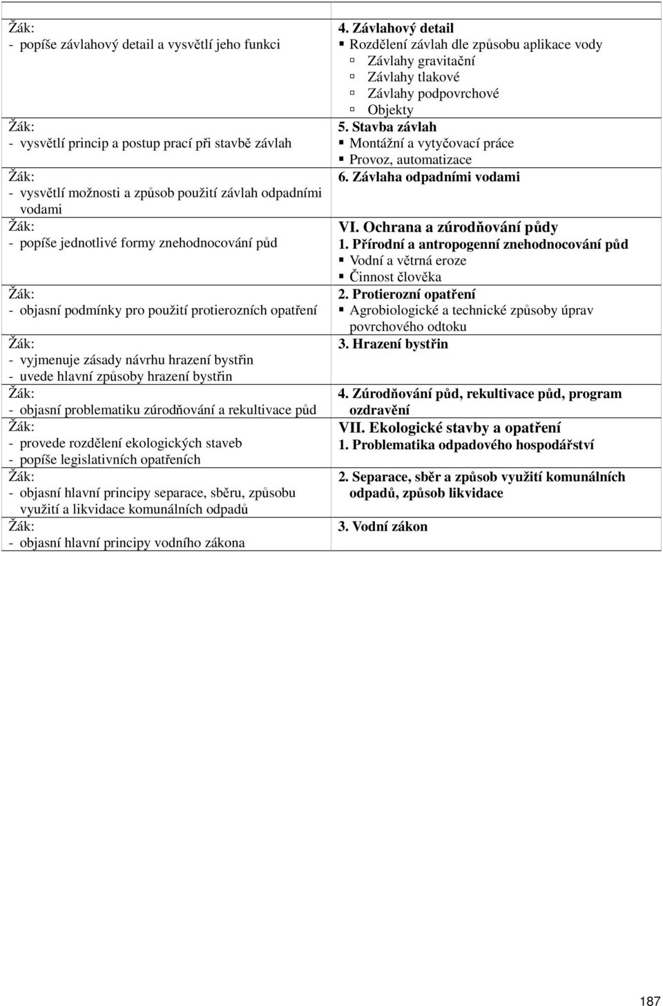 rekultivace půd - provede rozdělení ekologických staveb - popíše legislativních opatřeních - objasní hlavní principy separace, sběru, způsobu využití a likvidace komunálních odpadů - objasní hlavní