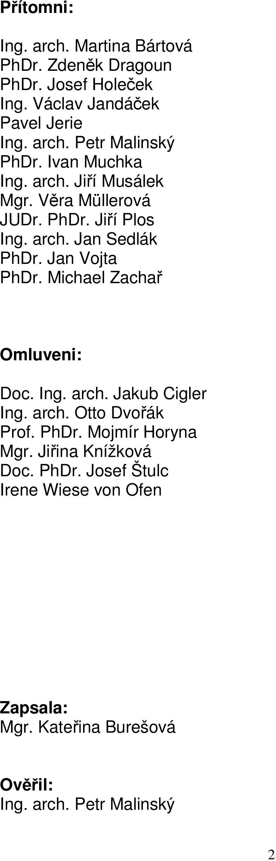 Michael Zachař Omluveni: Doc. Ing. arch. Jakub Cigler Ing. arch. Otto Dvořák Prof. PhDr. Mojmír Horyna Mgr.