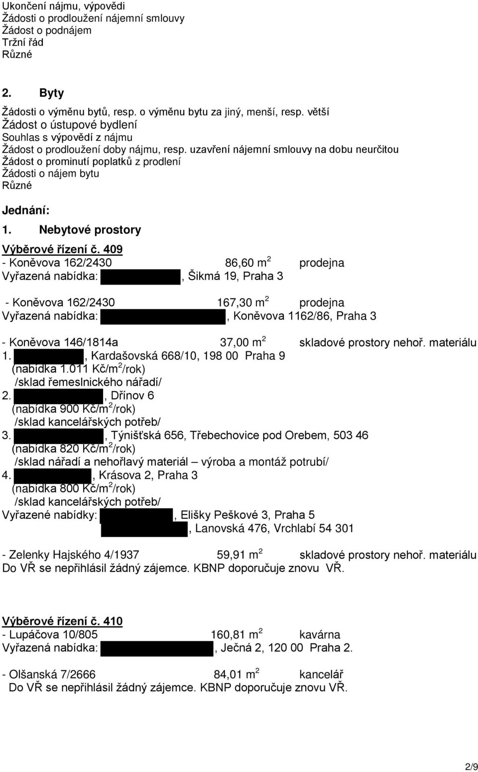 uzavření nájemní smlouvy na dobu neurčitou Žádost o prominutí poplatků z prodlení Žádosti o nájem bytu Různé Jednání: 1. Nebytové prostory Výběrové řízení č.