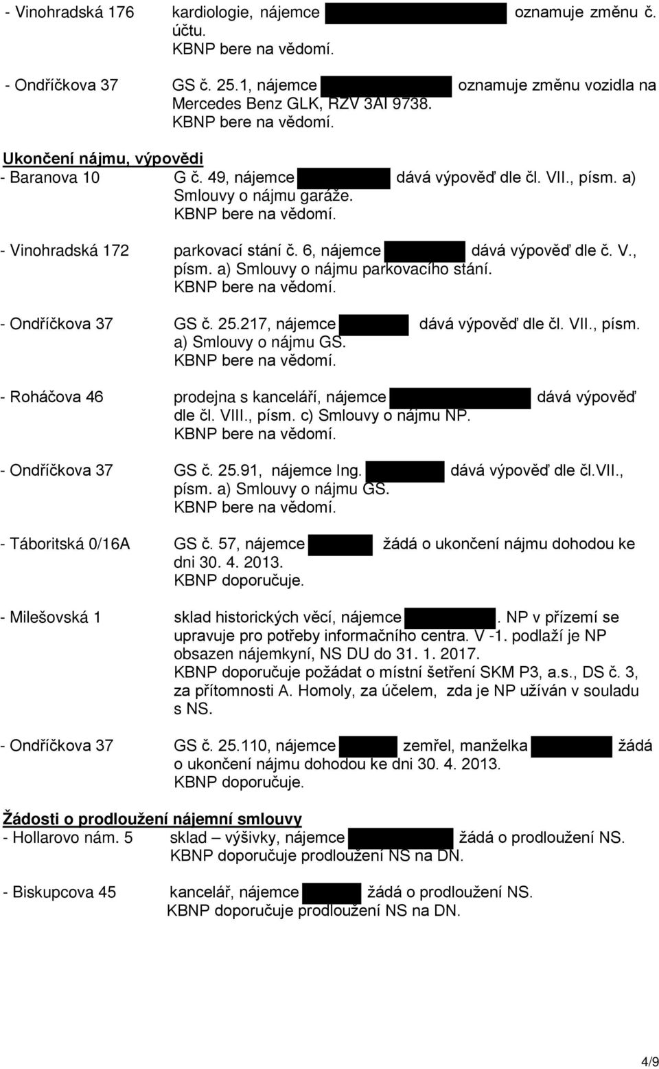 6, nájemce dává výpověď dle č. V., písm. a) Smlouvy o nájmu parkovacího stání. - Ondříčkova 37 GS č. 25.217, nájemce a) Smlouvy o nájmu GS. dává výpověď dle čl. VII., písm. - Roháčova 46 prodejna s kanceláří, nájemce dle čl.