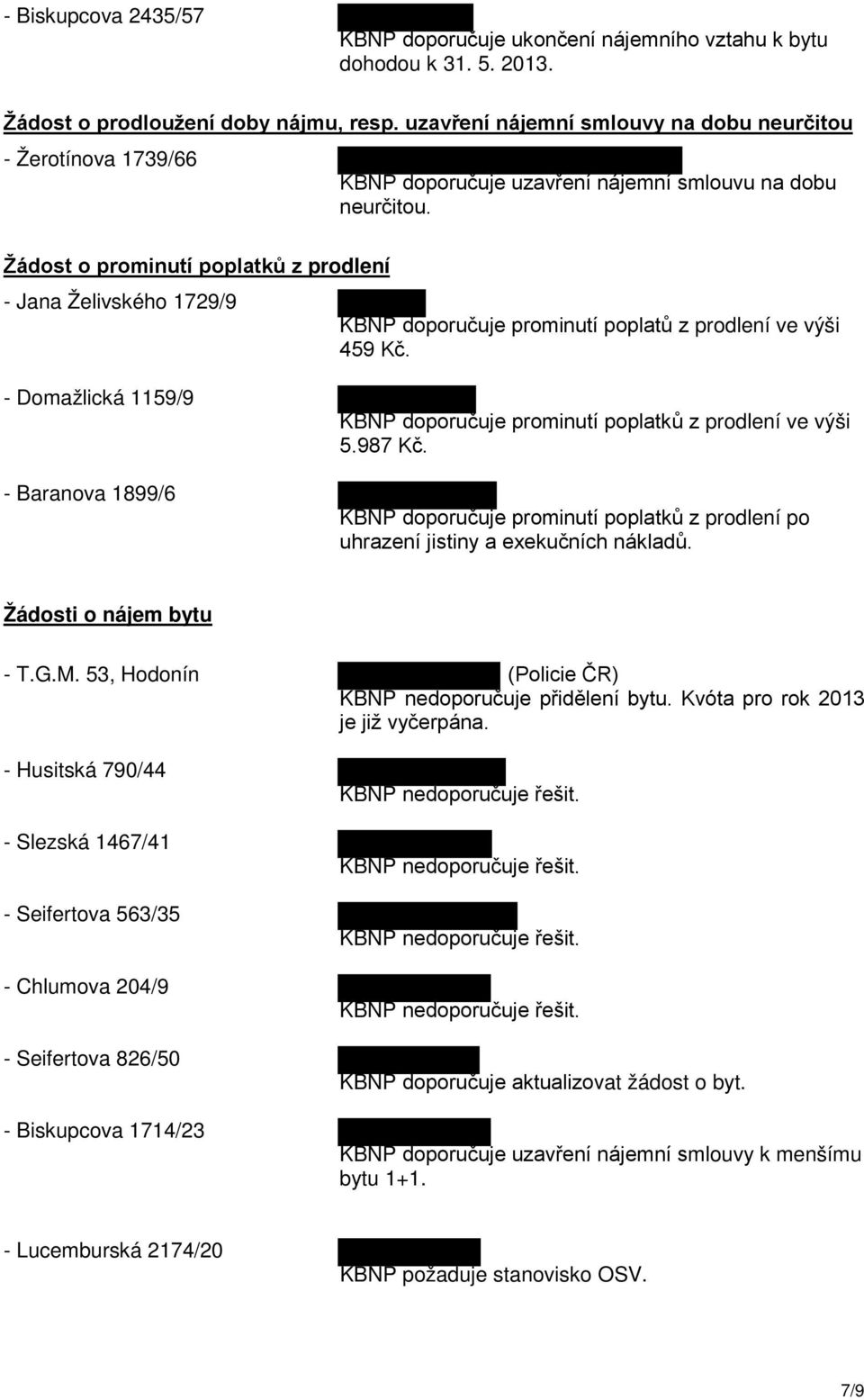 Žádost o prominutí poplatků z prodlení - Jana Želivského 1729/9 KBNP doporučuje prominutí poplatů z prodlení ve výši 459 Kč.