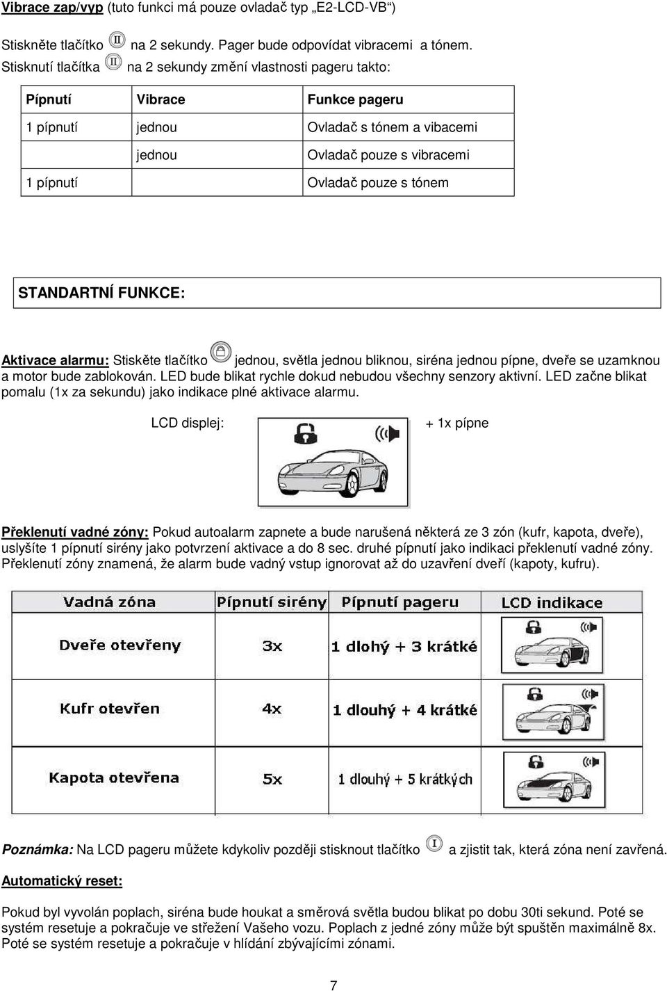 FUNKCE: Aktivace alarmu: Stiskěte tlačítko jednou, světla jednou bliknou, siréna jednou pípne, dveře se uzamknou a motor bude zablokován. LED bude blikat rychle dokud nebudou všechny senzory aktivní.