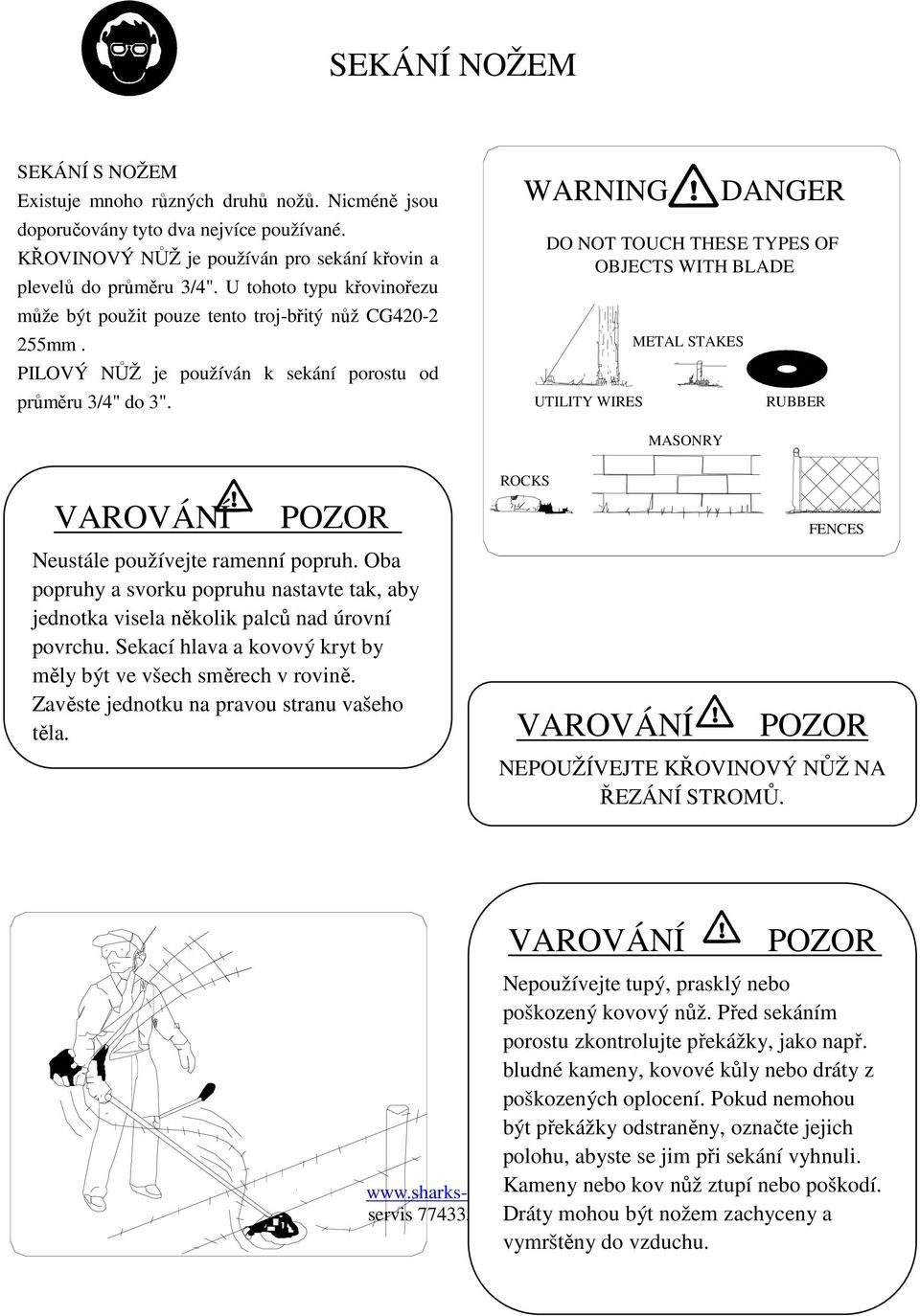 WARNING DANGER DO NOT TOUCH THESE TYPES OF OBJECTS WITH BLADE UTILITY WIRES METAL STAKES RUBBER VAROVÁNÍ POZOR ROCKS MASONRY FENCES Neustále používejte ramenní popruh.