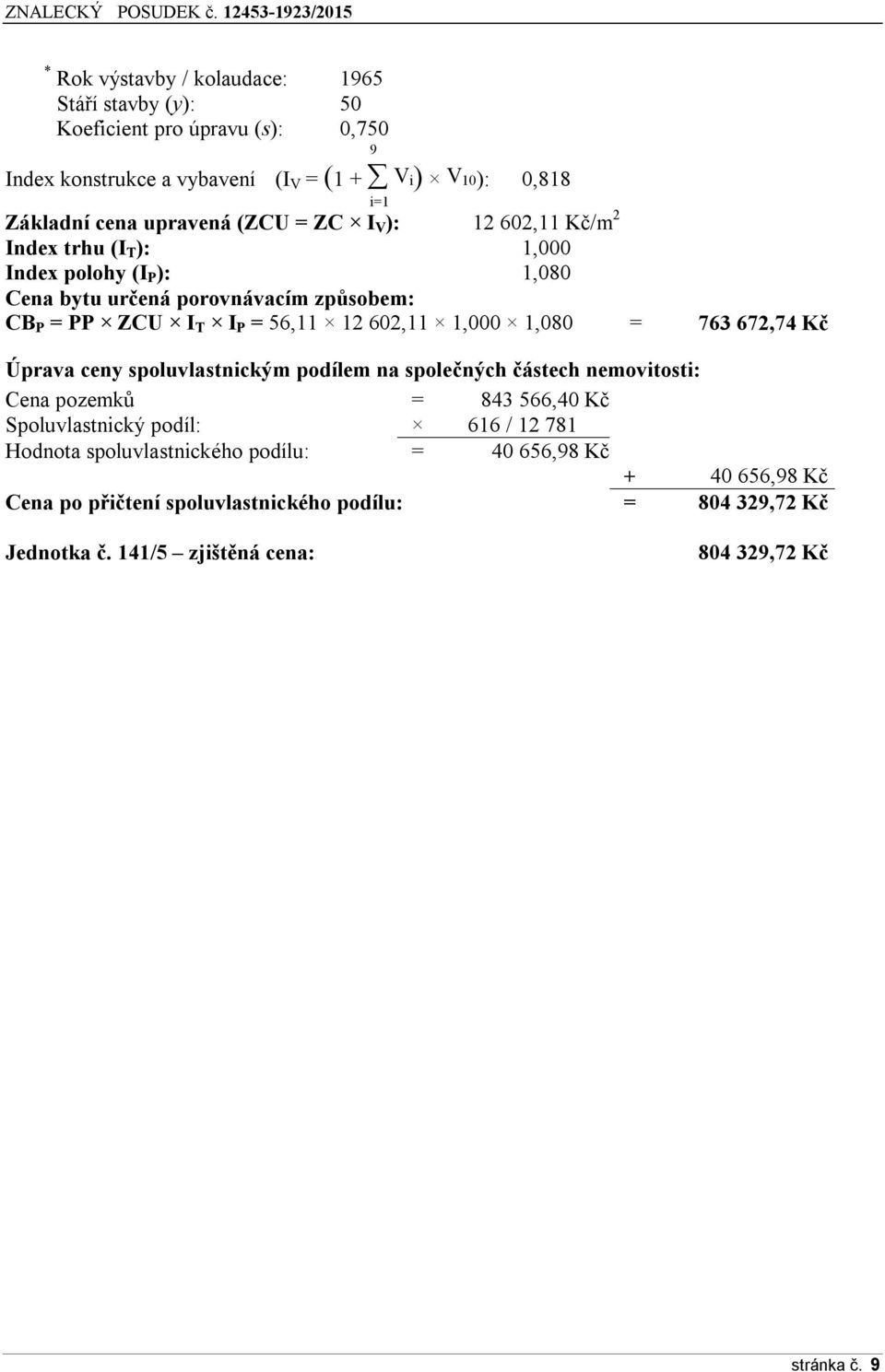 602,11 1,000 1,080 = 763 672,74 Kč Úprava ceny spoluvlastnickým podílem na společných částech nemovitosti: Cena pozemků = 843 566,40 Kč Spoluvlastnický podíl: 616 / 12 781