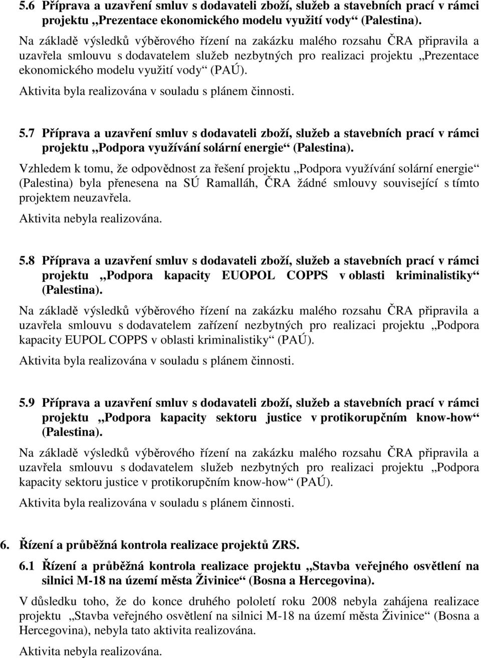 (PAÚ). 5.7 Příprava a uzavření smluv s dodavateli zboží, služeb a stavebních prací v rámci projektu Podpora využívání solární energie (Palestina).