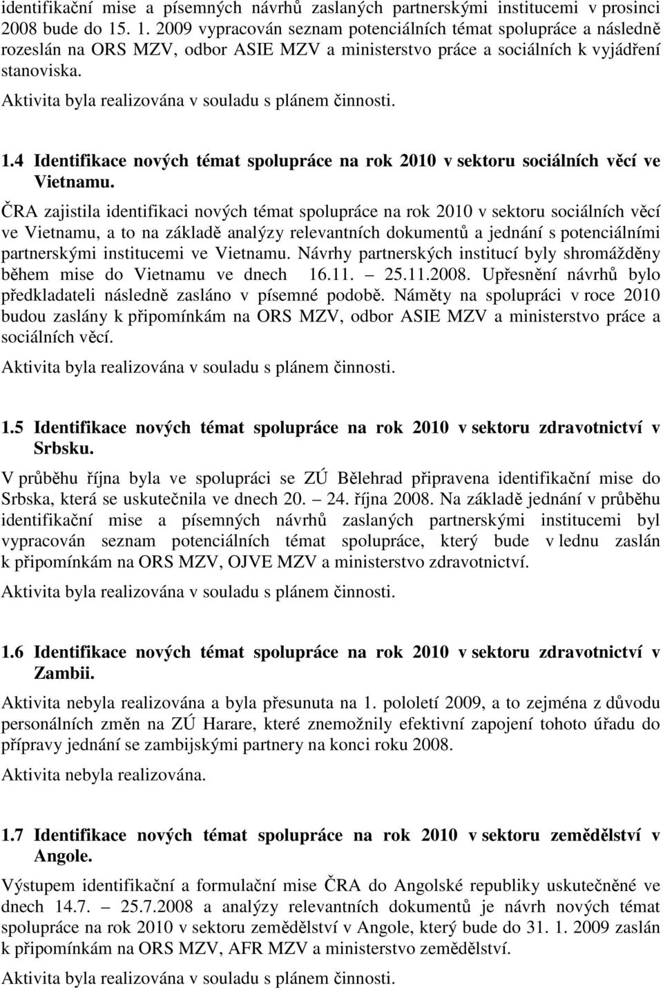 ČRA zajistila identifikaci nových témat spolupráce na rok 2010 v sektoru sociálních věcí ve Vietnamu, a to na základě analýzy relevantních dokumentů a jednání s potenciálními partnerskými institucemi