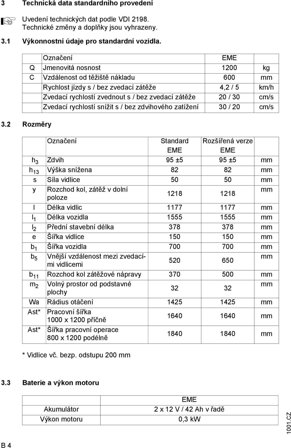 2 Rozměry Označení EME Q Jmenovitá nosnost 1200 kg C Vzdálenost od těžiště nákladu 600 mm Rychlost jízdy s / bez zvedací zátěže 4,2 / 5 km/h Zvedací rychlostí zvednout s / bez zvedací zátěže 20 / 30