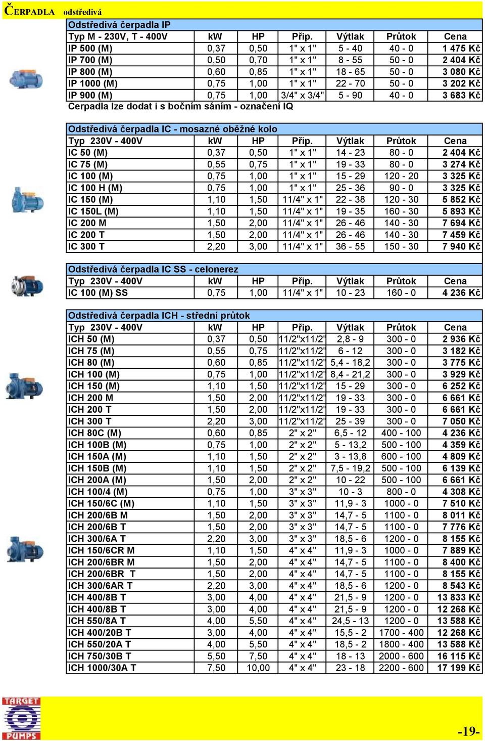 50-0 3 202 Kč IP 900 (M) 0,75 1,00 3/4" x 3/4" 5-90 40-0 3 683 Kč Čerpadla lze dodat i s bočním sáním - označení IQ Odstředivá čerpadla IC - mosazné oběžné kolo IC 50 (M) 0,37 0,50 1" x 1" 14-23 80-0