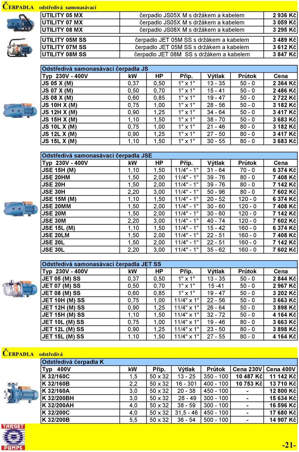 Kč 3 847 Kč Odstředivá samonasávací čerpadla JS JS 05 X (M) 0,37 0,50 1" x 1" 13-35 50-0 2 364 Kč JS 07 X (M) 0,50 0,70 1" x 1" 15-41 50-0 2 486 Kč JS 08 X (M) 0,60 0,85 1" x 1" 19-47 50-0 2 722 Kč