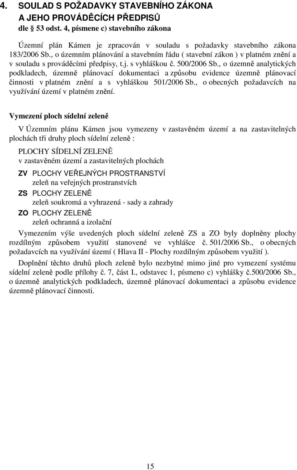 , o územně analytických podkladech, územně plánovací dokumentaci a způsobu evidence územně plánovací činnosti v platném znění a s vyhláškou 501/2006 Sb.