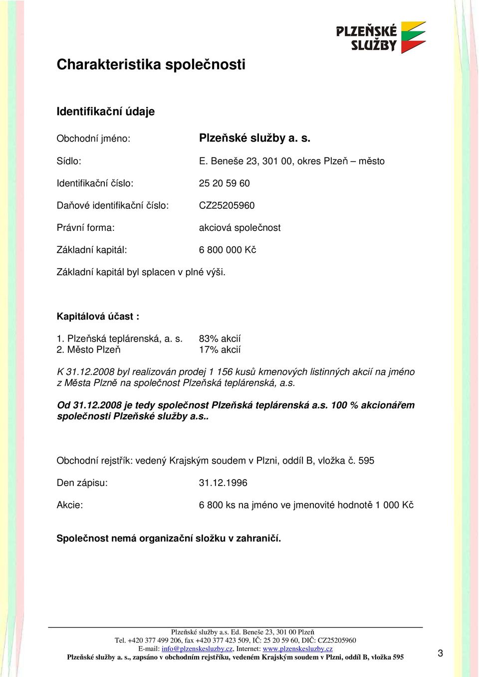 splacen v plné výši. Kapitálová účast : 1. Plzeňská teplárenská, a. s. 83% akcií 2. Město Plzeň 17% akcií K 31.12.