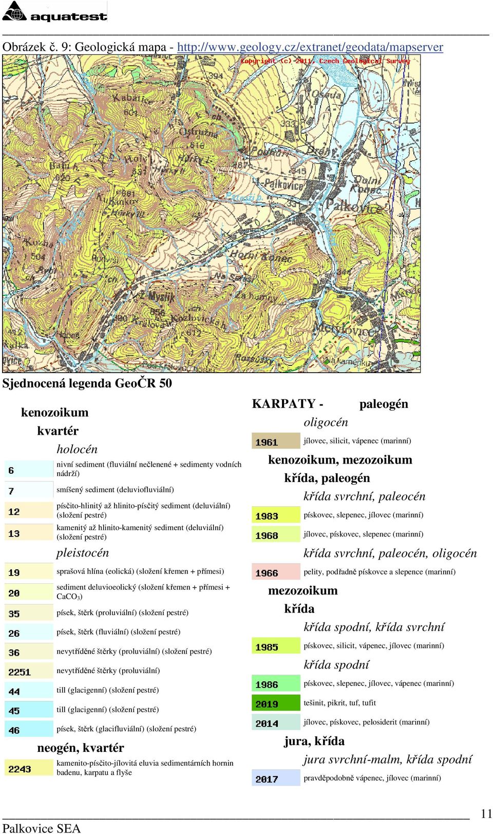 písčito-hlinitý až hlinito-písčitý sediment (deluviální) (složení pestré) kamenitý až hlinito-kamenitý sediment (deluviální) (složení pestré) pleistocén sprašová hlína (eolická) (složení křemen +