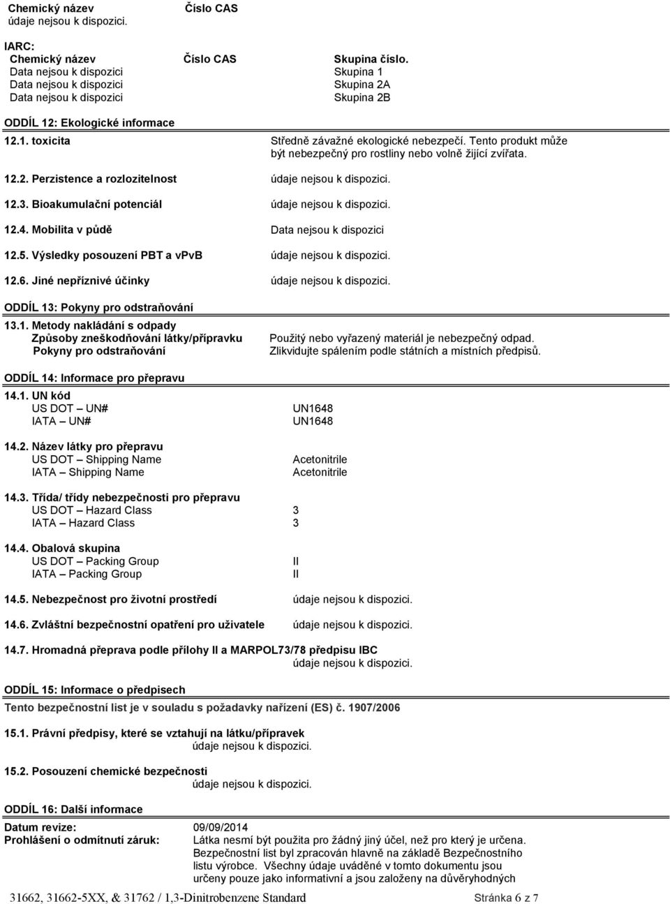 Výsledky posouzení PBT a vpvb 12.6. Jiné nepříznivé účinky ODDÍL 13: Pokyny pro odstraňování 13.1. Metody nakládání s odpady Způsoby zneškodňování látky/přípravku Pokyny pro odstraňování ODDÍL 14: Informace pro přepravu 14.