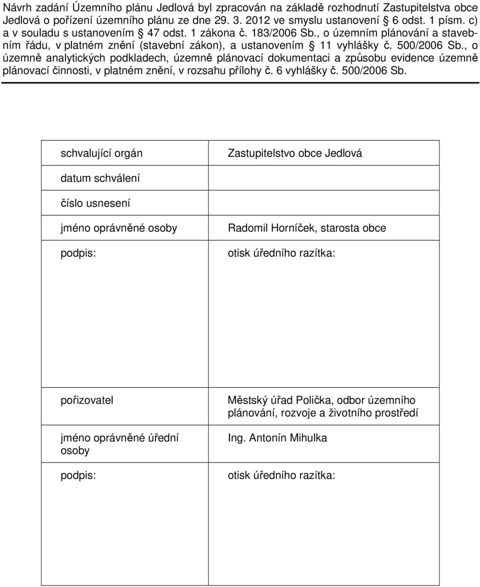 , o územně analytických podkladech, územně plánovací dokumentaci a způsobu evidence územně plánovací činnosti, v platném znění, v rozsahu přílohy č. 6 vyhlášky č. 500/2006 Sb.