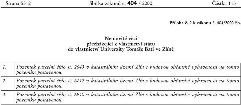 2643 v katastraвlnхвm uв zemхв ZlхВn s budovou obcпanskeв vybavenosti na tomto pozemku postavenou. 2. Pozemek parcelnхв cпхвslo st.