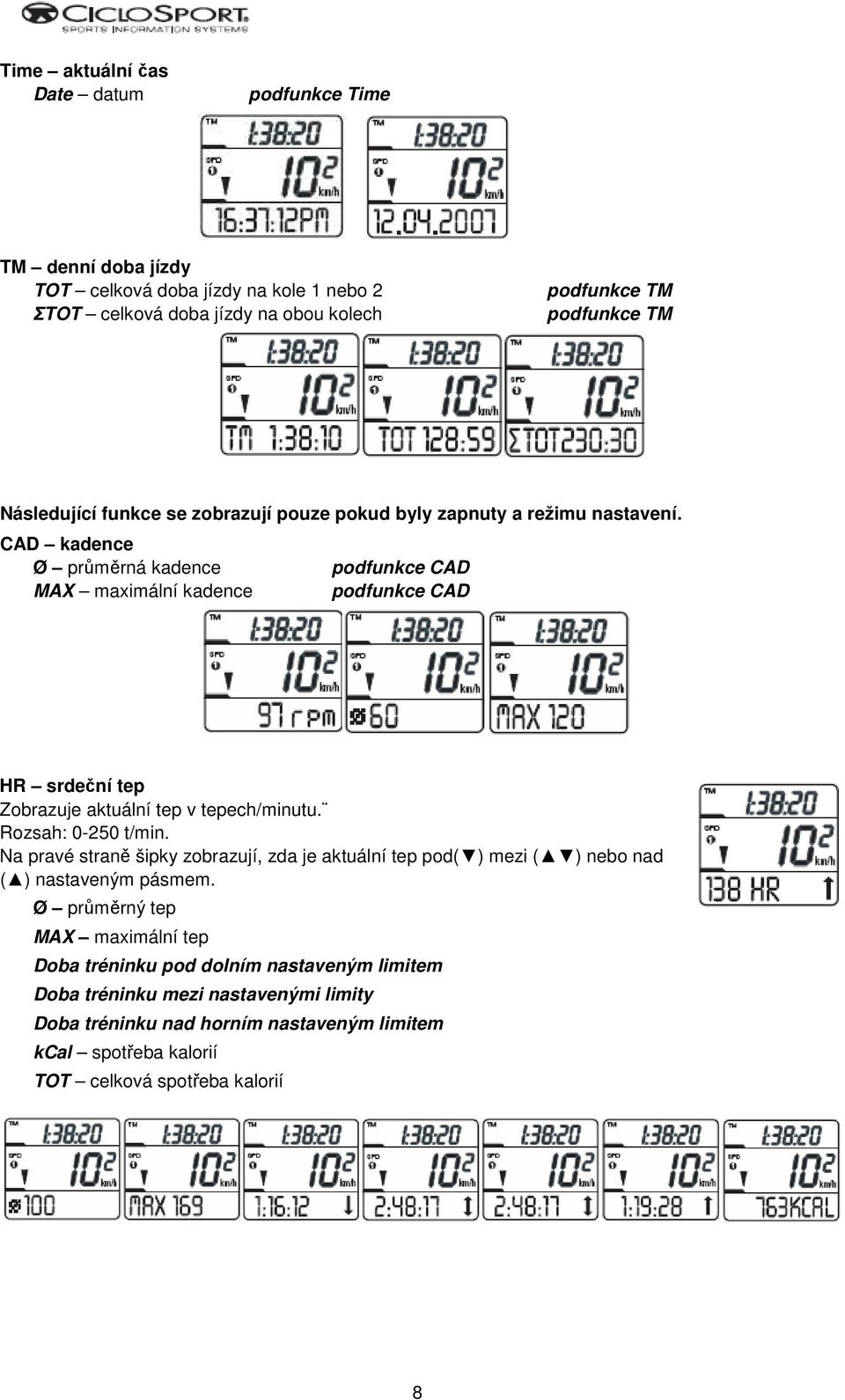 CAD kadence Ø průměrná kadence podfunkce CAD MAX maximální kadence podfunkce CAD HR srdeční tep Zobrazuje aktuální tep v tepech/minutu. Rozsah: 0-250 t/min.