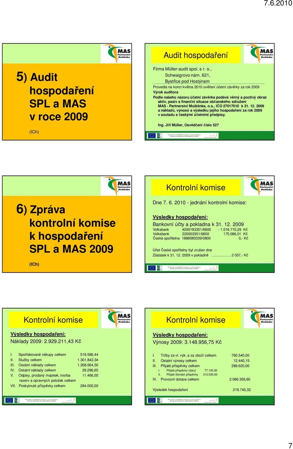 situace občanského sdružení MAS - Partnerství Moštěnka, o.s., IČO 27017010 k 31. 12. 2009 a nákladů, výnosů a výsledku jejího hospodaření za rok 2009 v souladu s českými účetními předpisy. Ing.