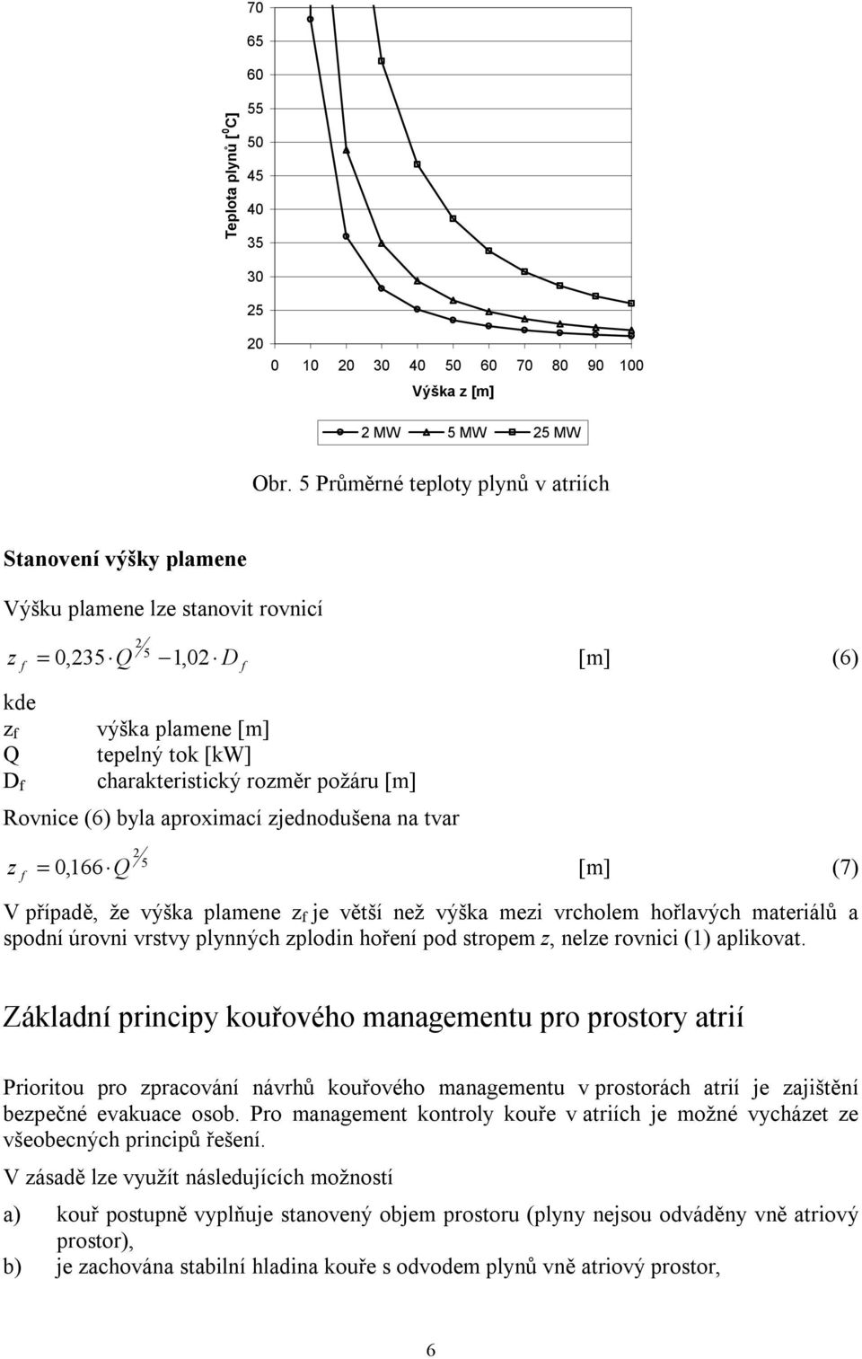 byla aproximací zjednodušena na tvar [m] (6) z f =,166 Q [m] (7) V případě, že výška plamene z f je větší než výška mezi vrcholem hořlavých materiálů a spodní úrovni vrstvy plynných zplodin hoření