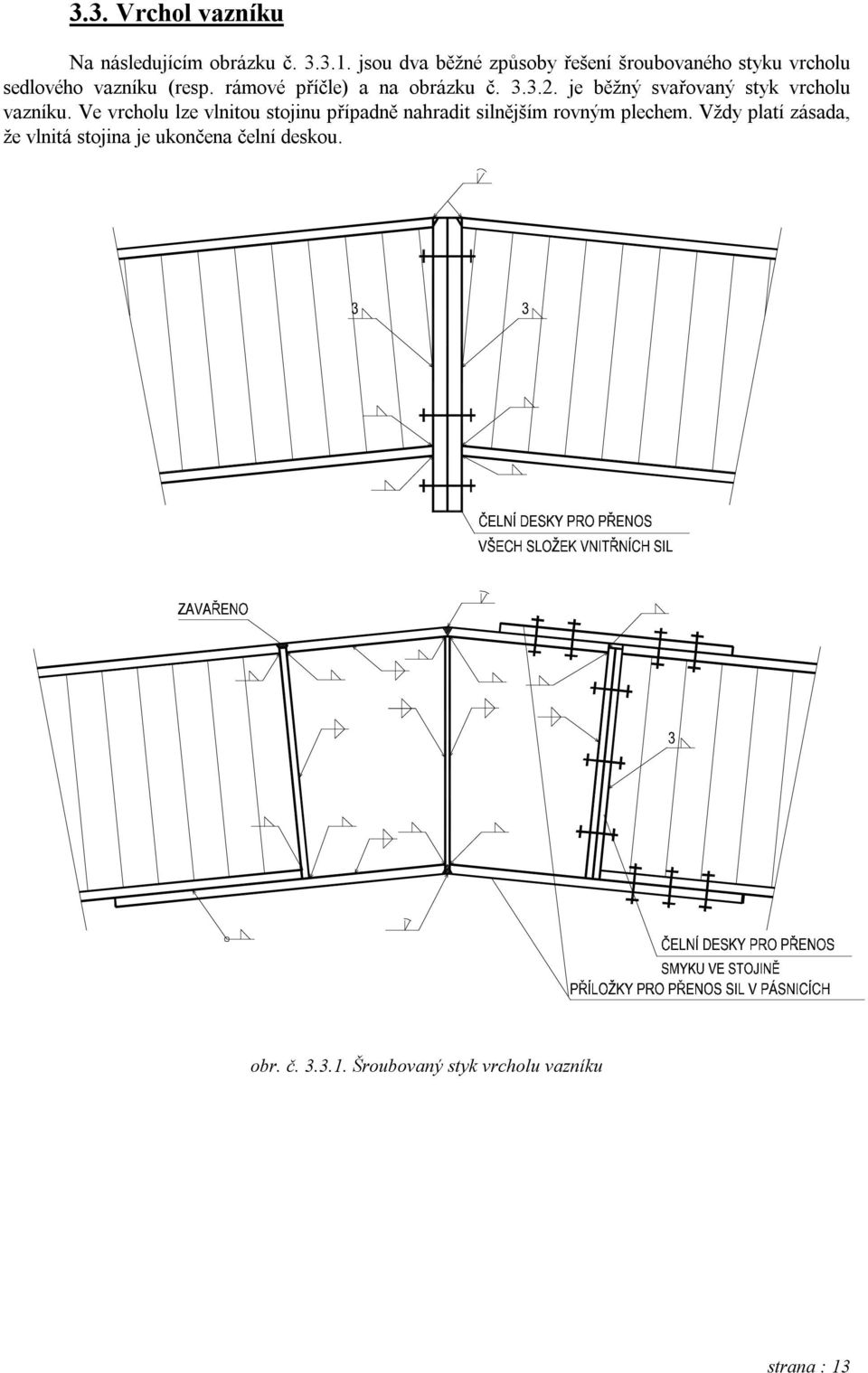 rámové příčle) a na obrázku č. 3.3.2. je běžný svařovaný styk vrcholu vazníku.