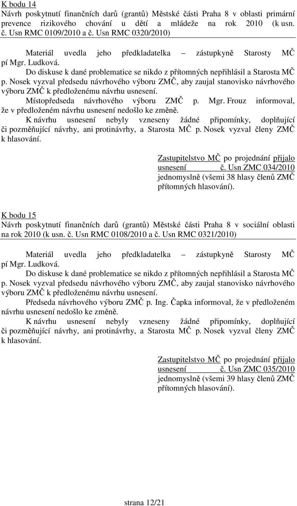 Usn ZMC 034/2010 jednomyslně (všemi 38 hlasy členů ZMČ K bodu 15 Návrh poskytnutí finančních darů (grantů) Městské části Praha 8 v sociální oblasti na rok 2010 (k usn. č. Usn RMC 0108/2010 a č.