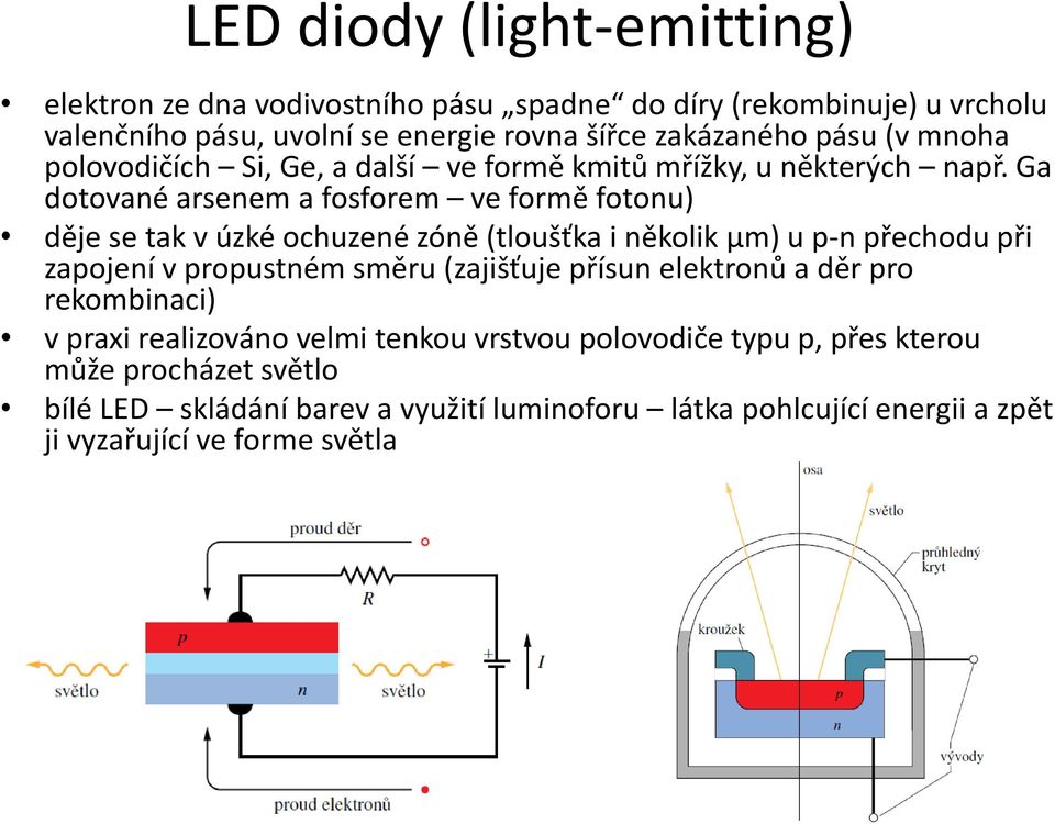 Ga dotované arsenem a fosforem ve formě fotonu) děje se tak v úzké ochuzené zóně (tloušťka i několik μm) u p-n přechodu při zapojení v propustném směru