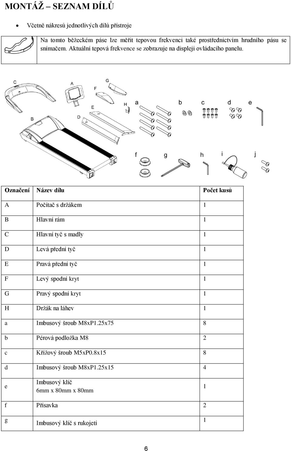 Označení Název dílu Počet kusů A Počítač s držákem 1 B Hlavní rám 1 C Hlavní tyč s madly 1 D Levá přední tyč 1 E Pravá přední tyč 1 F Levý spodní kryt 1 G