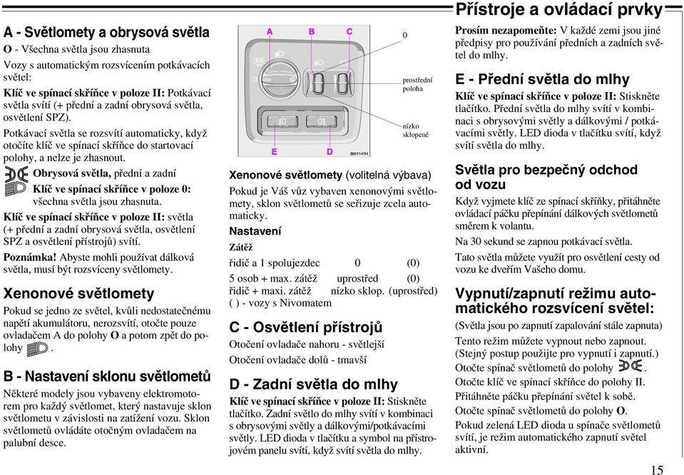 Obrysová světla, přední a zadní Klíč ve spínací skříňce v poloze 0: všechna světla jsou zhasnuta.